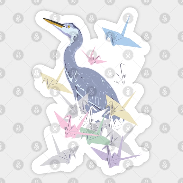 Crane with paper cranes Sticker by Indigoego